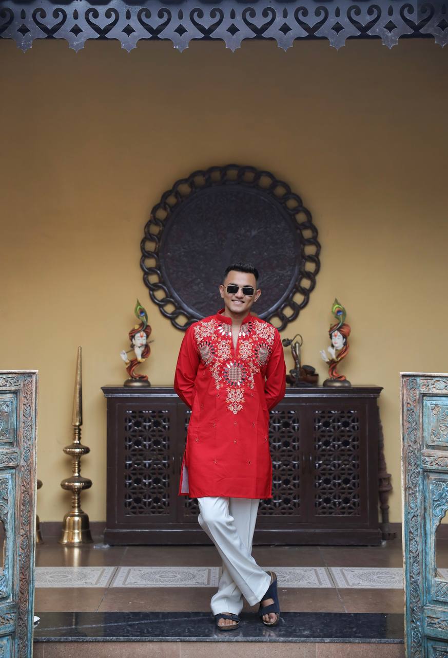Red Kurta with Front & Back Mirror Embroidery Work