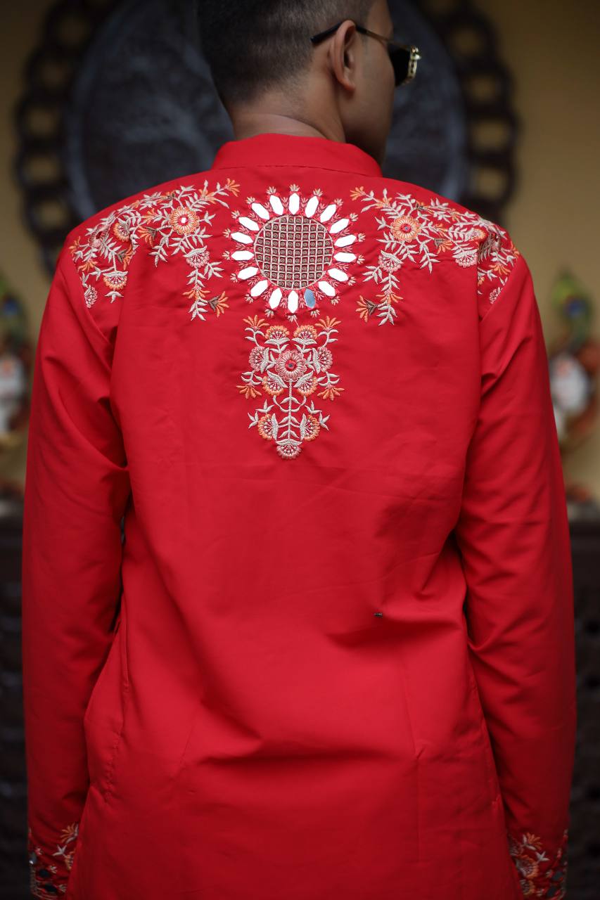 Red Kurta with Front & Back Mirror Embroidery Work