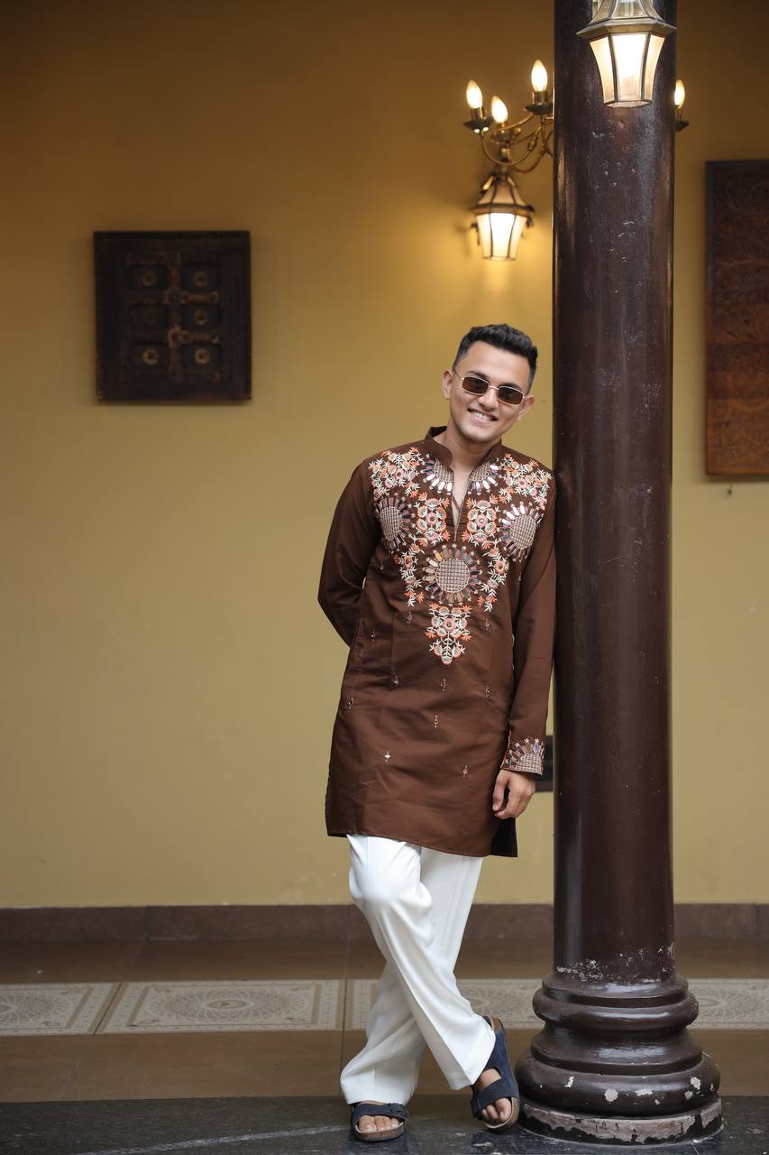 Brown  Kurta with Front & Back Mirror Embroidery Work