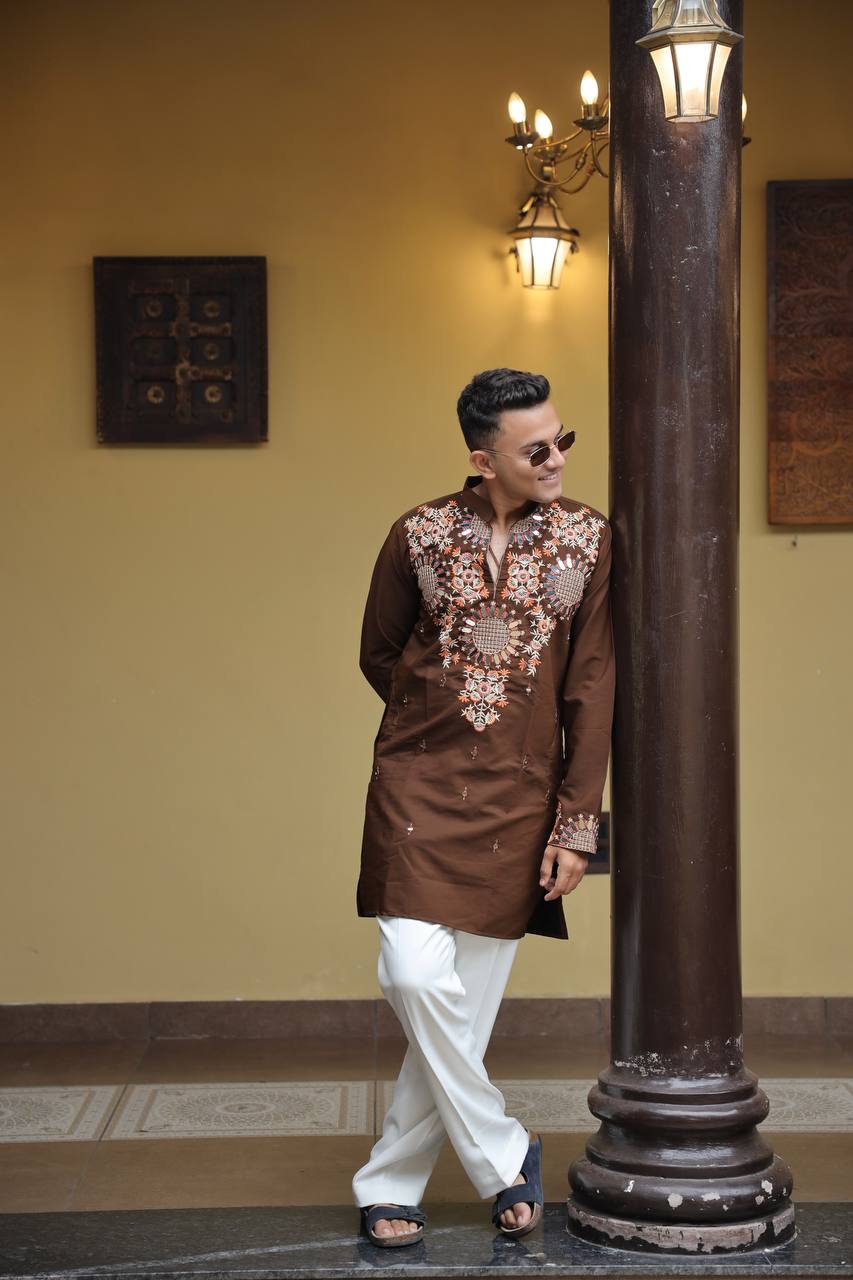Brown  Kurta with Front & Back Mirror Embroidery Work