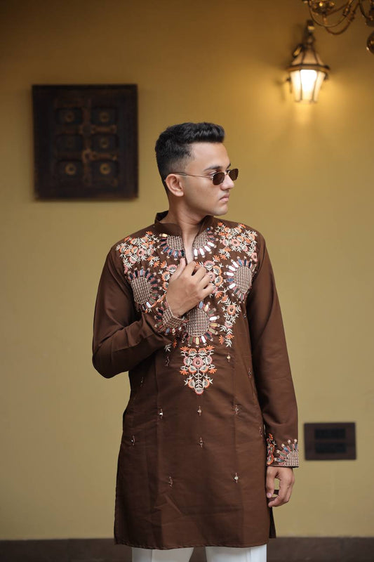 Brown  Kurta with Front & Back Mirror Embroidery Work