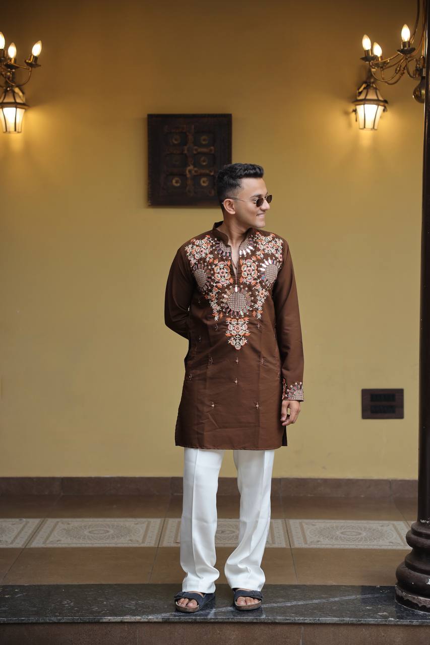 Brown  Kurta with Front & Back Mirror Embroidery Work