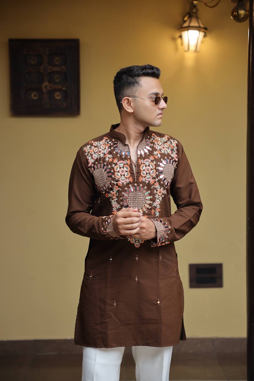 Brown  Kurta with Front & Back Mirror Embroidery Work