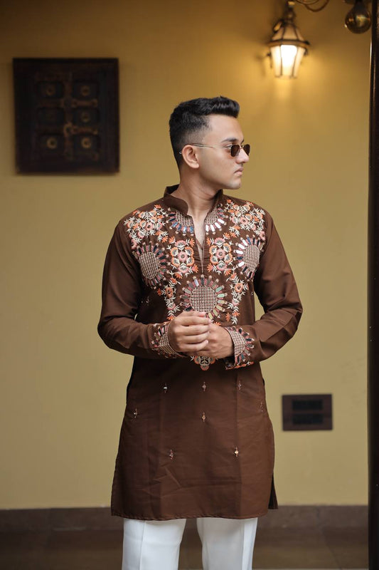 Brown  Kurta with Front & Back Mirror Embroidery Work