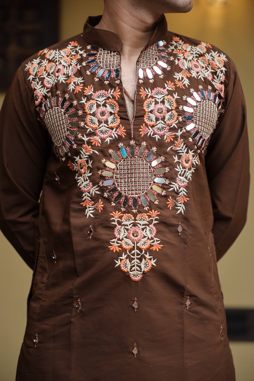 Brown  Kurta with Front & Back Mirror Embroidery Work