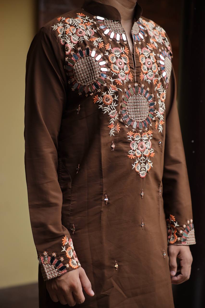 Brown  Kurta with Front & Back Mirror Embroidery Work