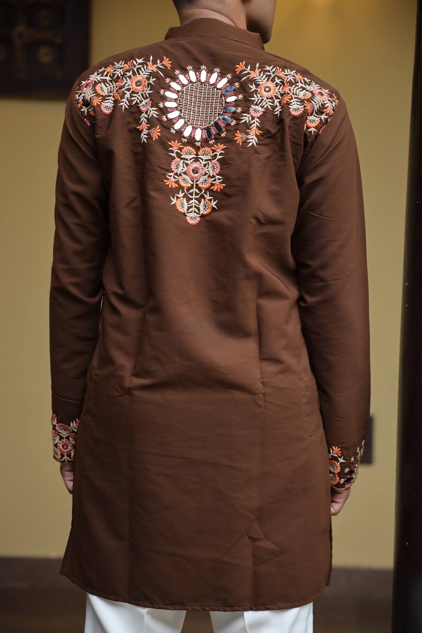 Brown  Kurta with Front & Back Mirror Embroidery Work