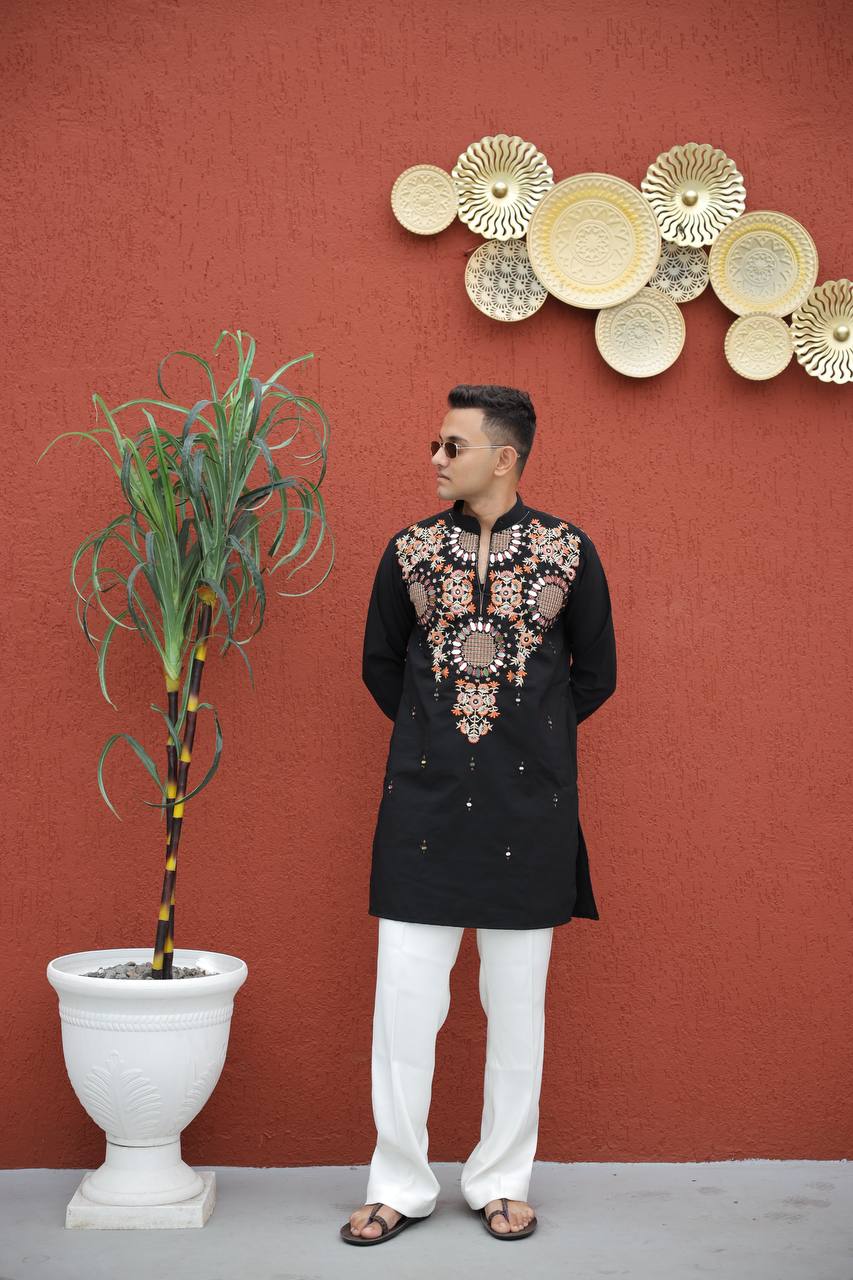 Black  Kurta with Front & Back Mirror Embroidery Work