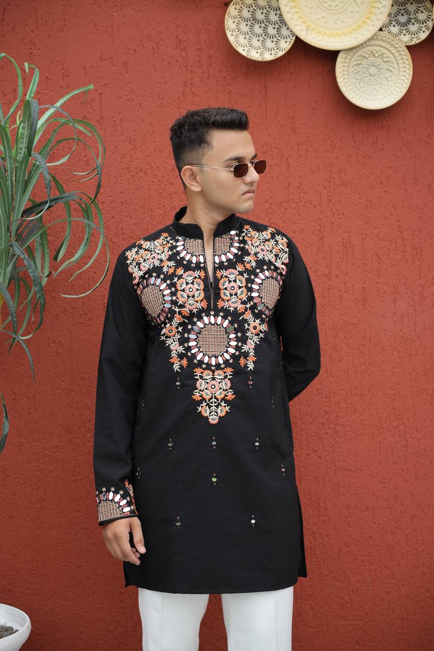 Black  Kurta with Front & Back Mirror Embroidery Work