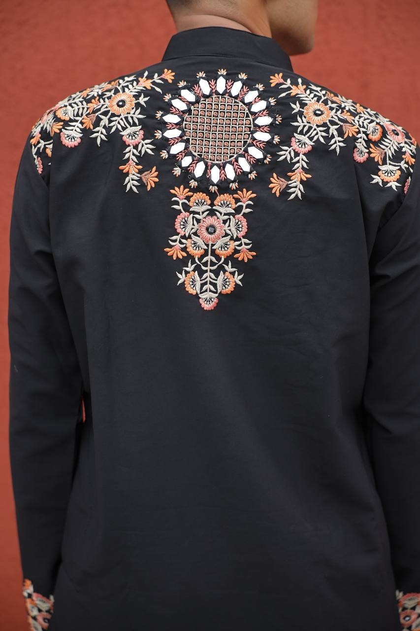 Black  Kurta with Front & Back Mirror Embroidery Work