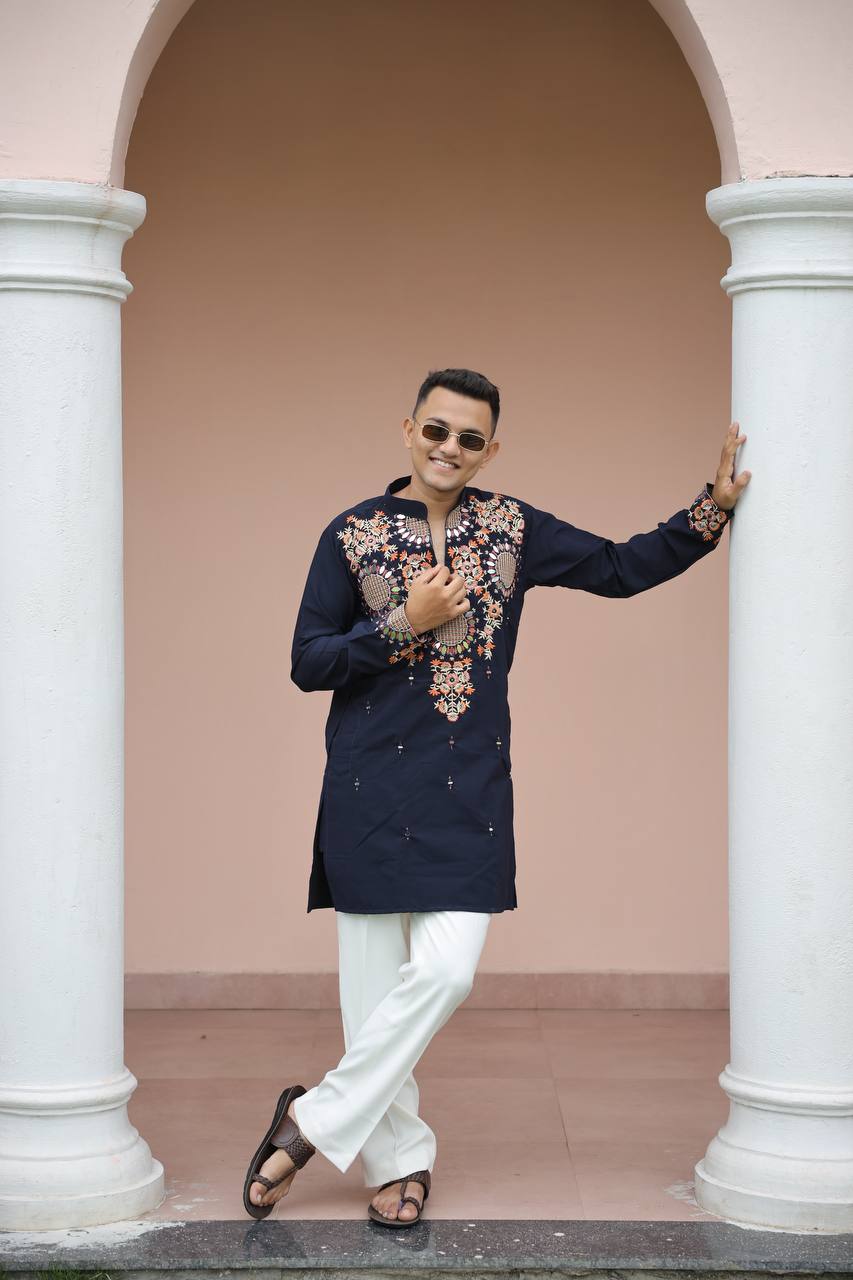 Navy Blue Kurta with Front & Back Mirror Embroidery Work
