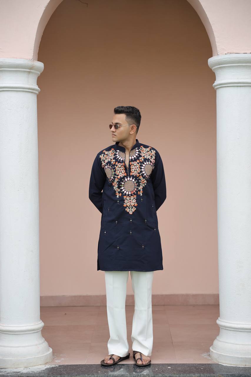 Navy Blue Kurta with Front & Back Mirror Embroidery Work