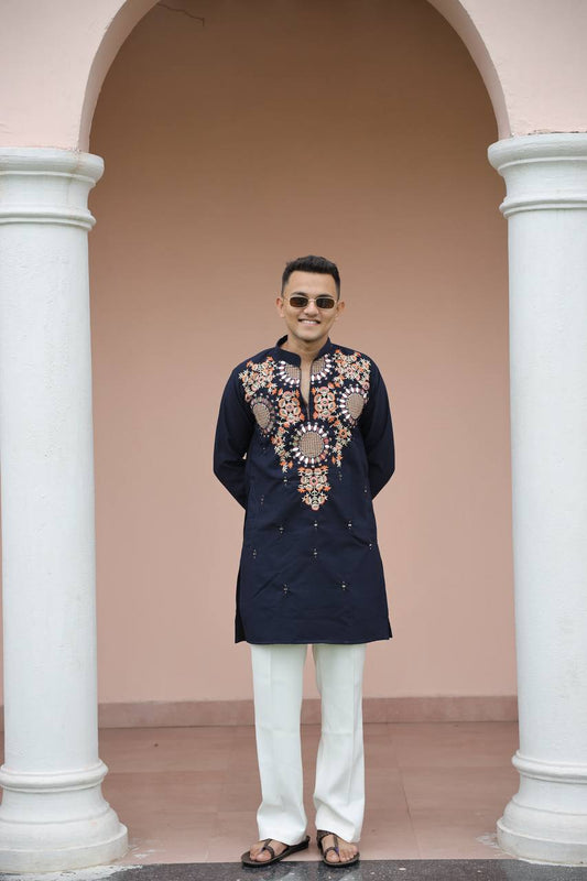 Navy Blue Kurta with Front & Back Mirror Embroidery Work