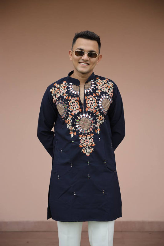 Navy Blue Kurta with Front & Back Mirror Embroidery Work