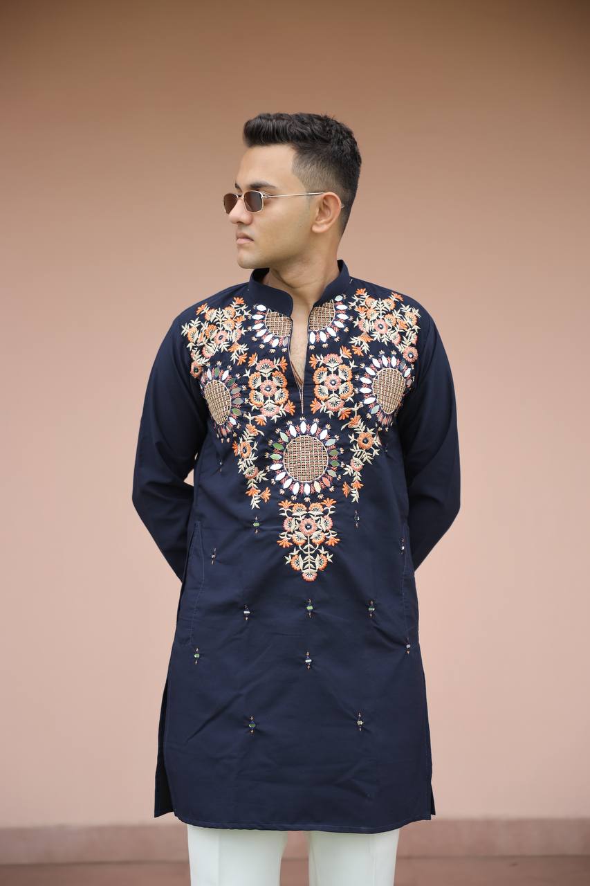 Navy Blue Kurta with Front & Back Mirror Embroidery Work