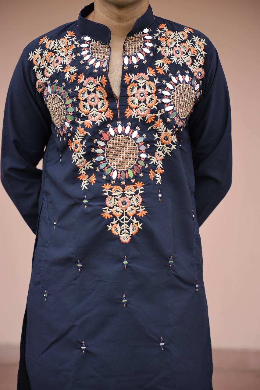 Navy Blue Kurta with Front & Back Mirror Embroidery Work
