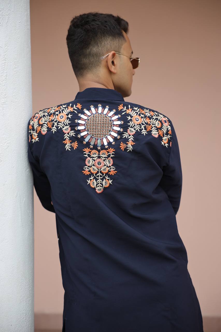 Navy Blue Kurta with Front & Back Mirror Embroidery Work