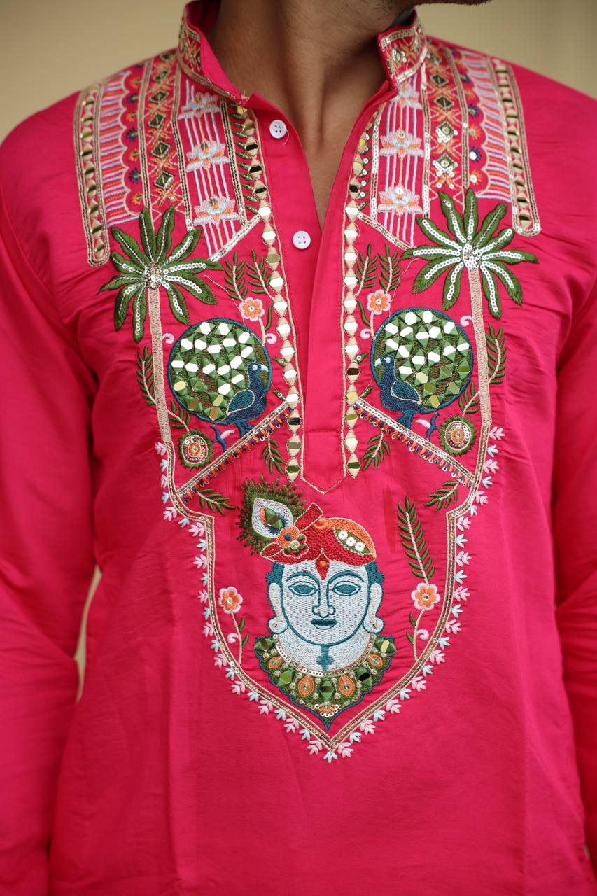 Shrinathji Motifs & Peacock Mirror Embroidered Festive Kurta