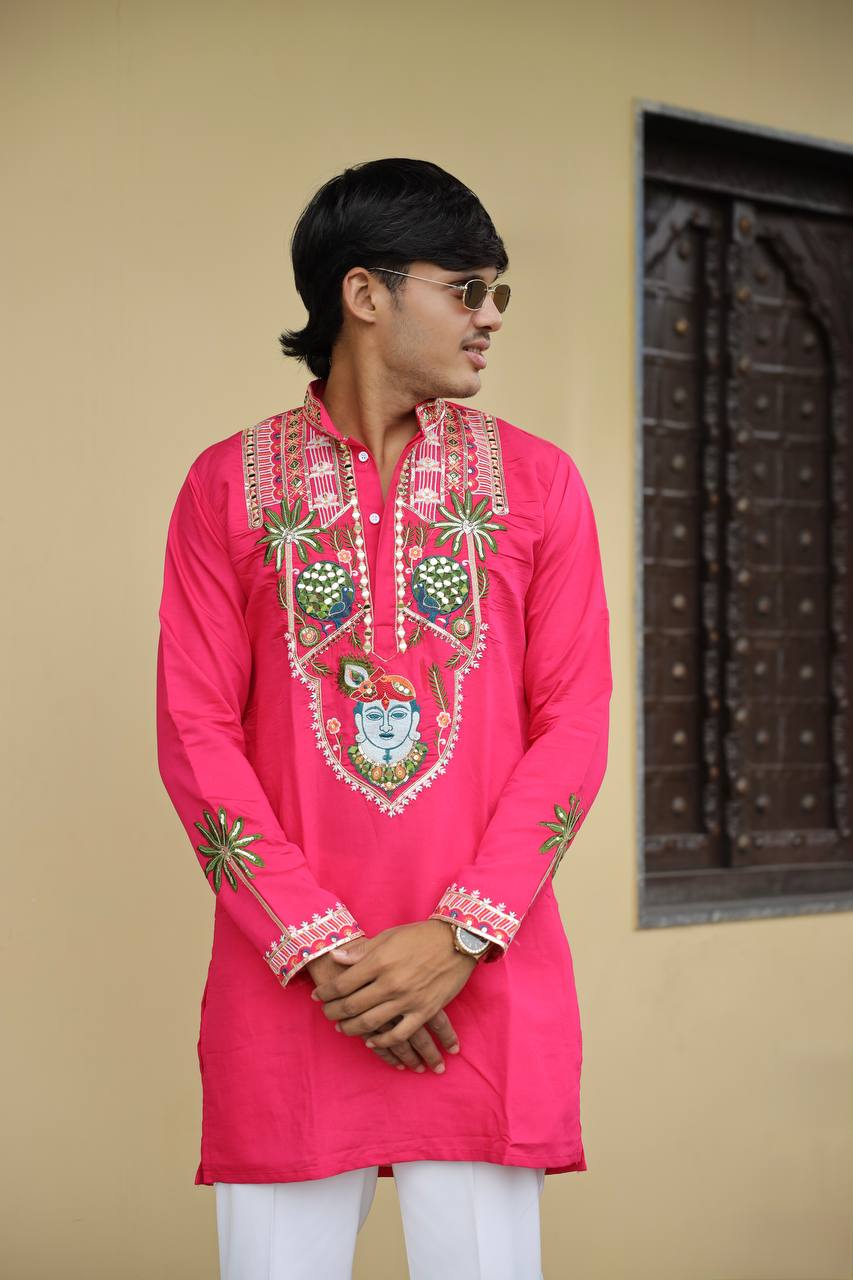 Shrinathji Motifs & Peacock Mirror Embroidered Festive Kurta