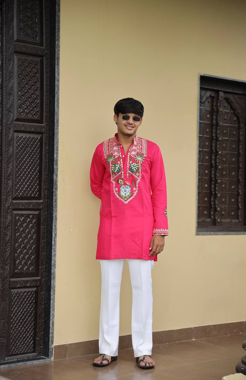 Shrinathji Motifs & Peacock Mirror Embroidered Festive Kurta