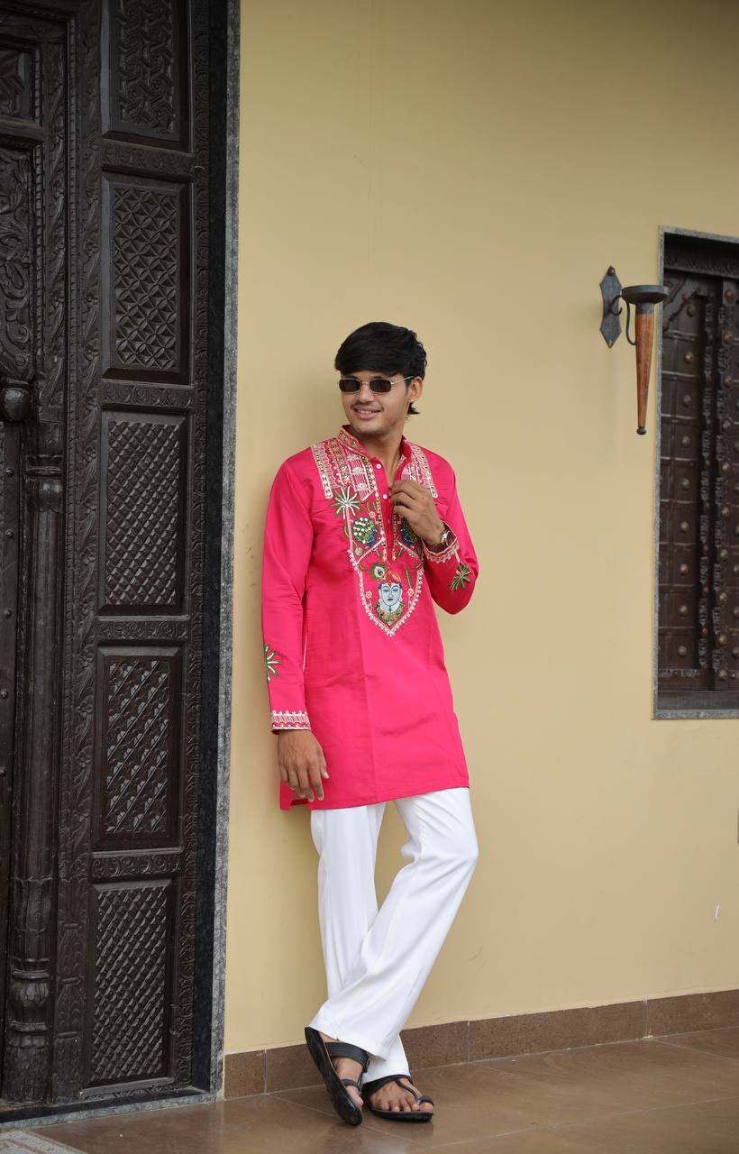 Shrinathji Motifs & Peacock Mirror Embroidered Festive Kurta