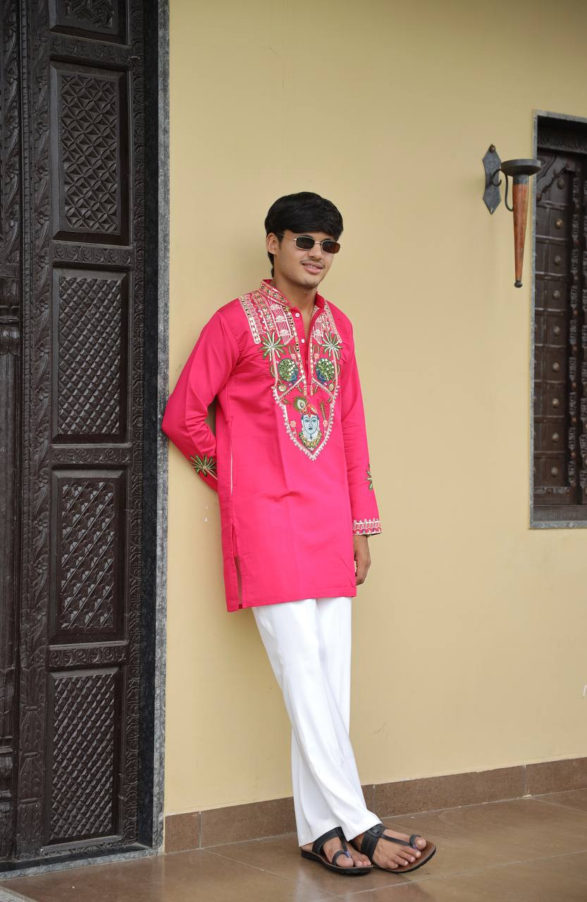 Shrinathji Motifs & Peacock Mirror Embroidered Festive Kurta