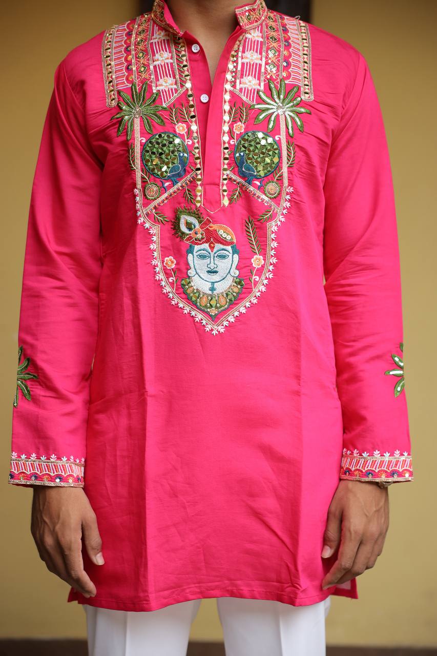 Shrinathji Motifs & Peacock Mirror Embroidered Festive Kurta