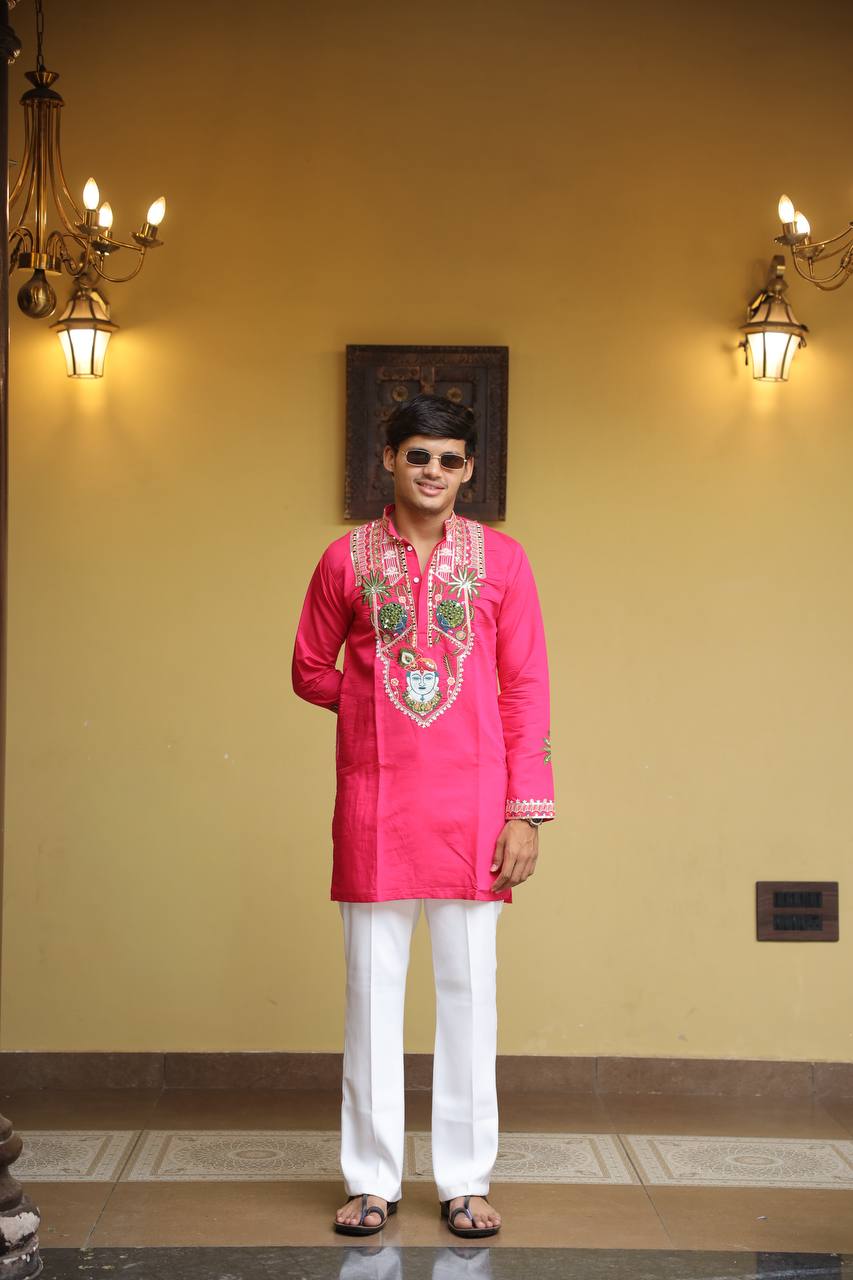 Shrinathji Motifs & Peacock Mirror Embroidered Festive Kurta