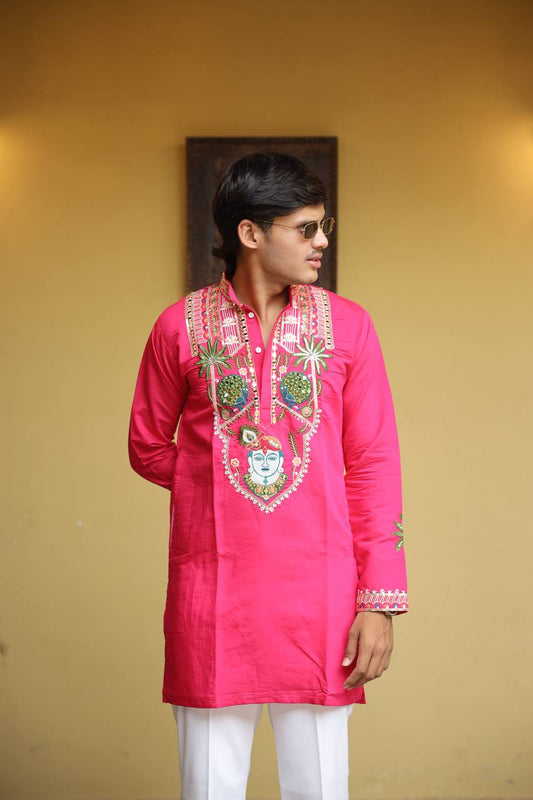 Shrinathji Motifs & Peacock Mirror Embroidered Festive Kurta