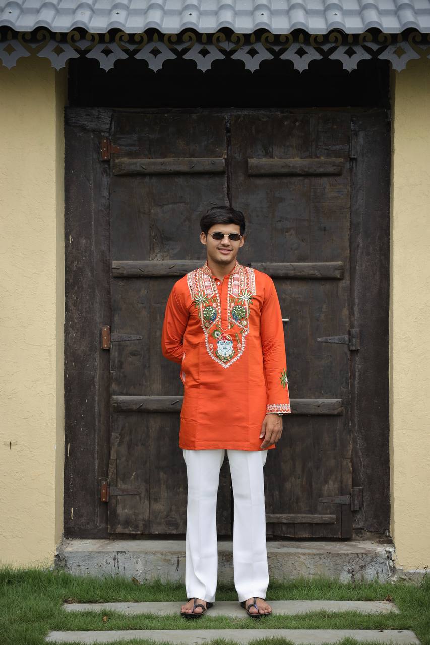 Shrinathji Motifs & Peacock Mirror Embroidered Festive Kurta