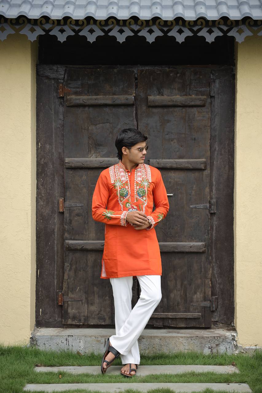 Shrinathji Motifs & Peacock Mirror Embroidered Festive Kurta