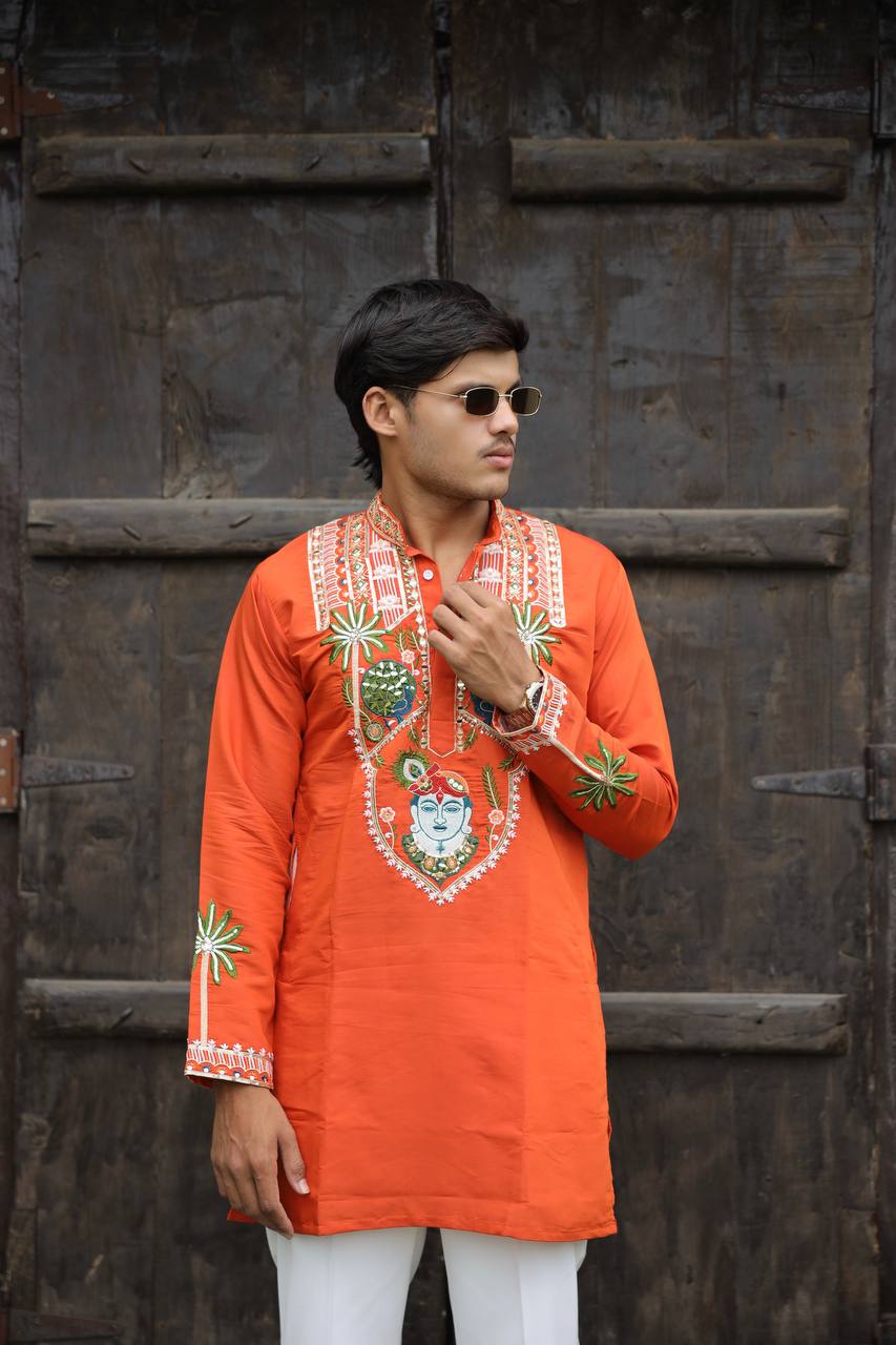 Shrinathji Motifs & Peacock Mirror Embroidered Festive Kurta