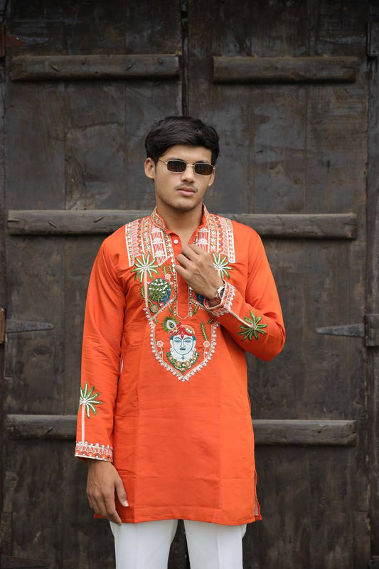 Shrinathji Motifs & Peacock Mirror Embroidered Festive Kurta