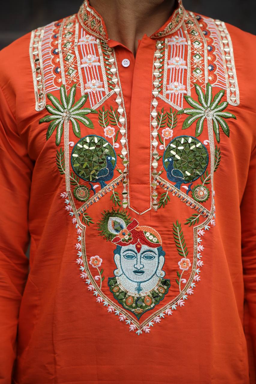 Shrinathji Motifs & Peacock Mirror Embroidered Festive Kurta
