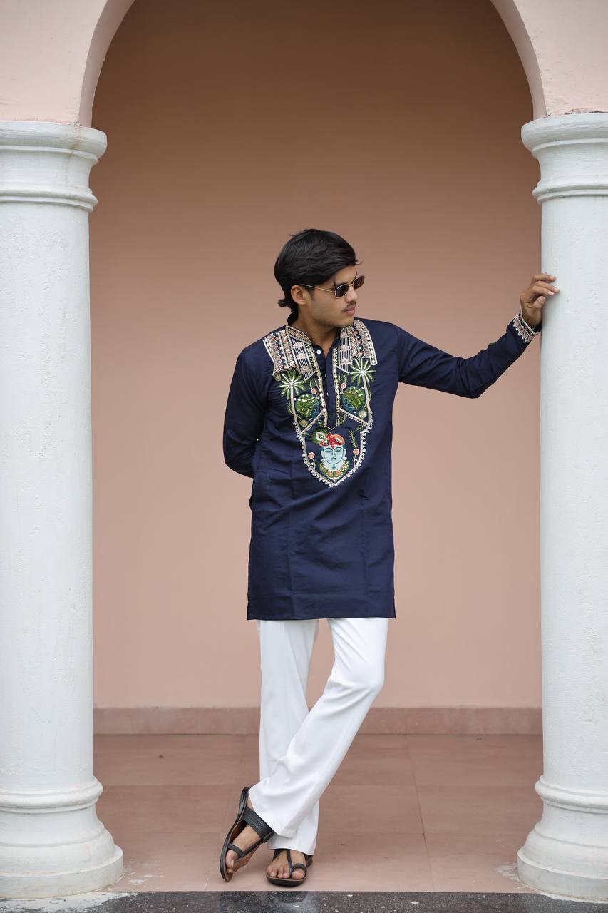 Shrinathji Motifs &amp; Peacock Mirror Embroidered Festive Kurta