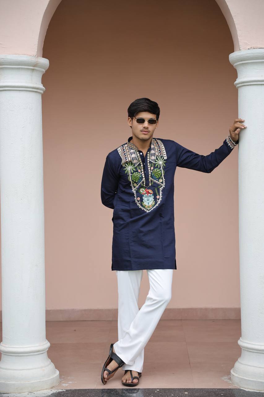 Shrinathji Motifs &amp; Peacock Mirror Embroidered Festive Kurta