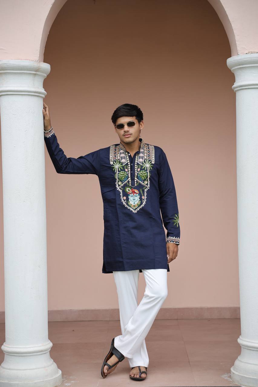 Shrinathji Motifs &amp; Peacock Mirror Embroidered Festive Kurta