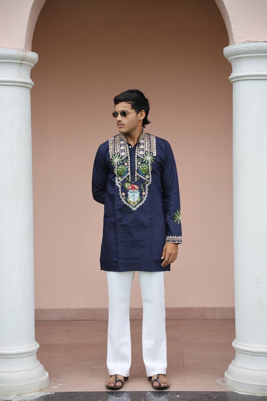 Shrinathji Motifs &amp; Peacock Mirror Embroidered Festive Kurta