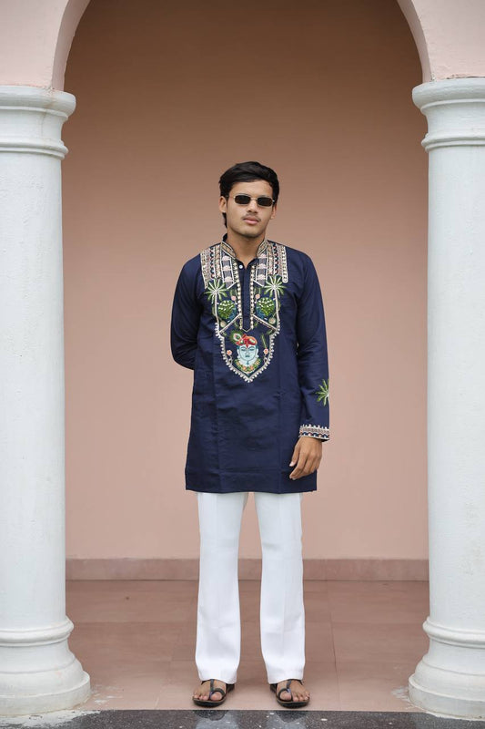 Shrinathji Motifs &amp; Peacock Mirror Embroidered Festive Kurta