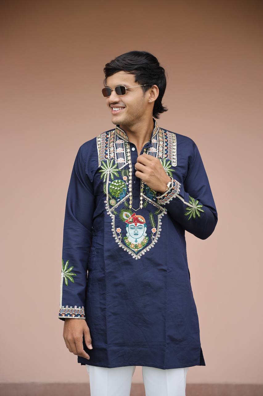Shrinathji Motifs &amp; Peacock Mirror Embroidered Festive Kurta