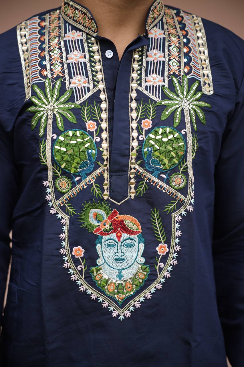 Shrinathji Motifs &amp; Peacock Mirror Embroidered Festive Kurta