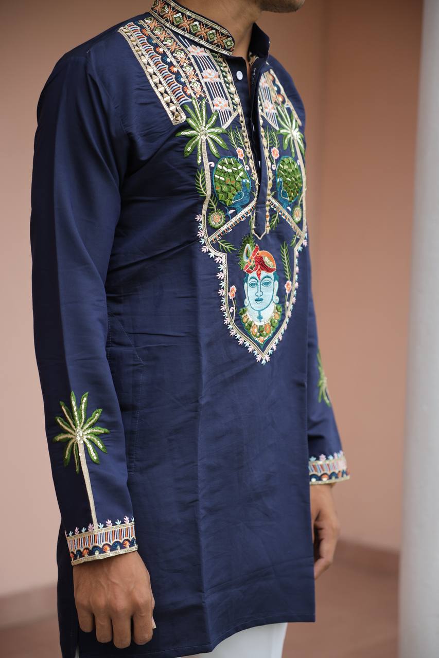 Shrinathji Motifs &amp; Peacock Mirror Embroidered Festive Kurta