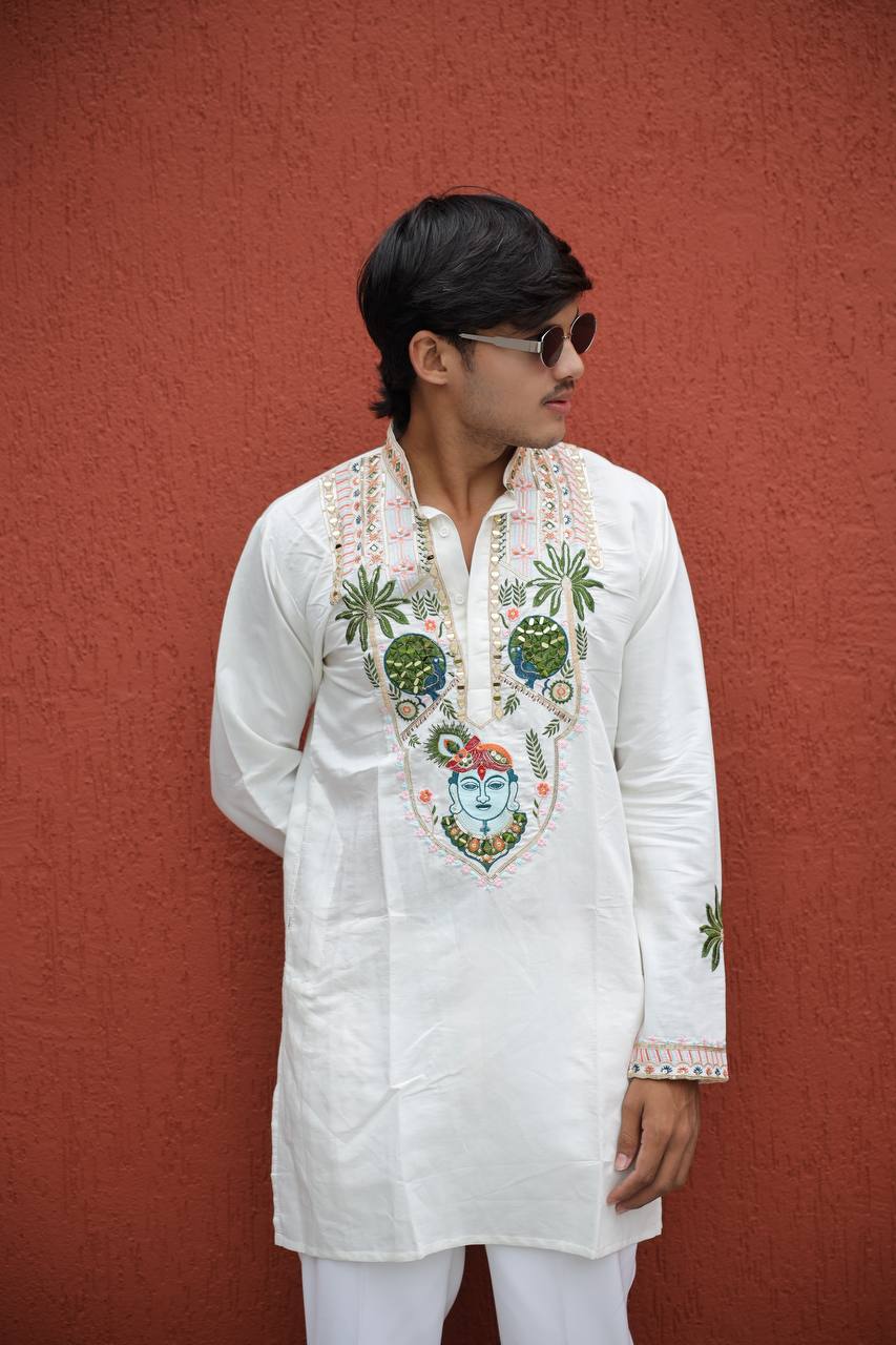 Shrinathji Motifs &amp; Peacock Mirror Embroidered Festive Kurta