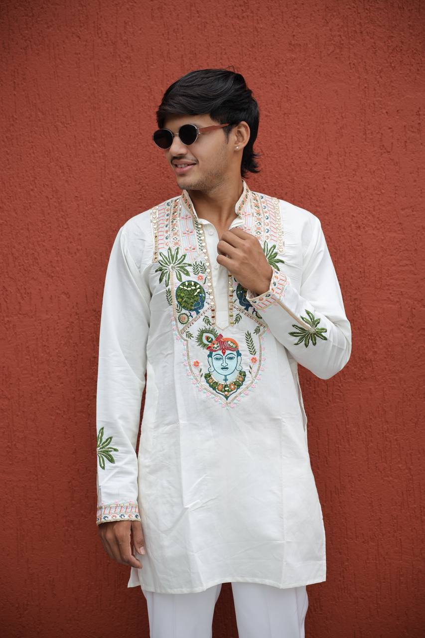 Shrinathji Motifs &amp; Peacock Mirror Embroidered Festive Kurta