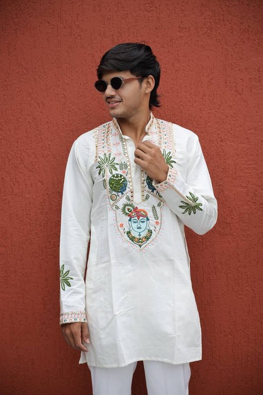 Shrinathji Motifs &amp; Peacock Mirror Embroidered Festive Kurta