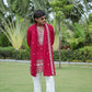 Rani Pink V-Neck Mirror Work Wedding Kurta Set For Men With Stole