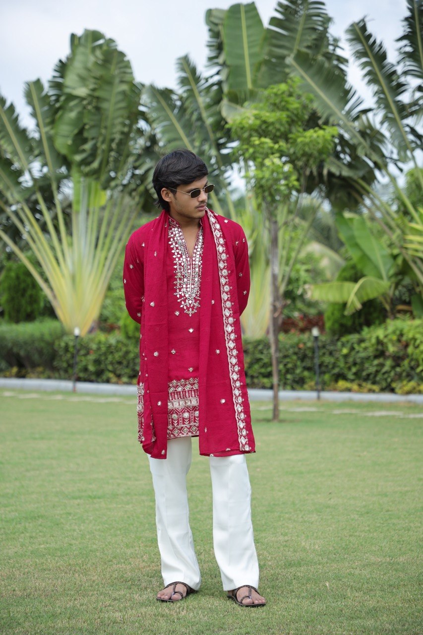 Rani Pink V-Neck Mirror Work Wedding Kurta Set For Men With Stole