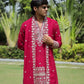 Rani Pink V-Neck Mirror Work Wedding Kurta Set For Men With Stole