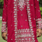 Rani Pink V-Neck Mirror Work Wedding Kurta Set For Men With Stole