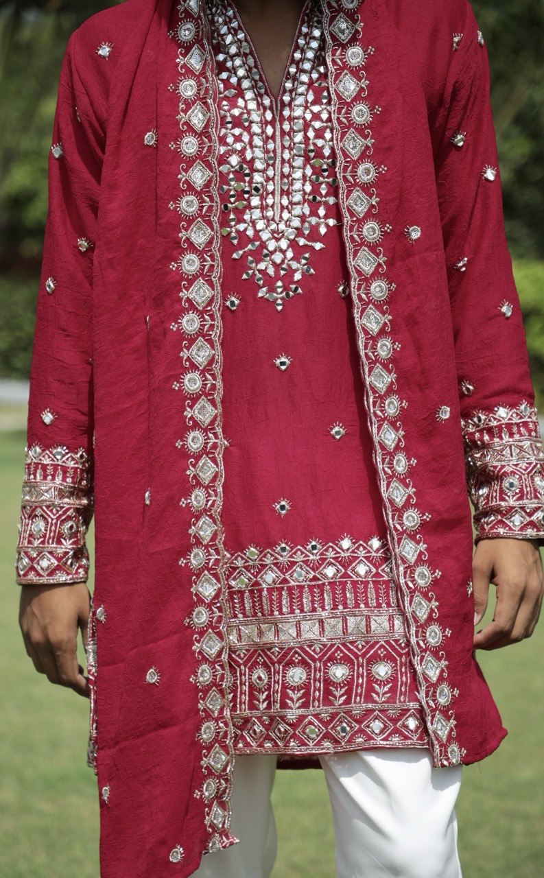 Rani Pink V-Neck Mirror Work Wedding Kurta Set For Men With Stole